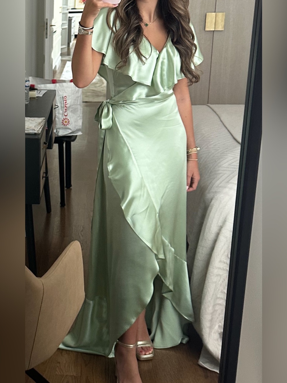 Topshop Pale Green Satin Wrap Maxi Skirt